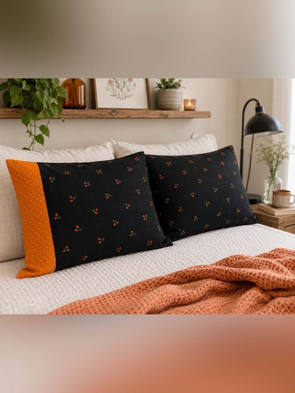 Handmade Cherry Pillowcase Set | Black & Orange Polka Dot Cotton 20x30 Queen